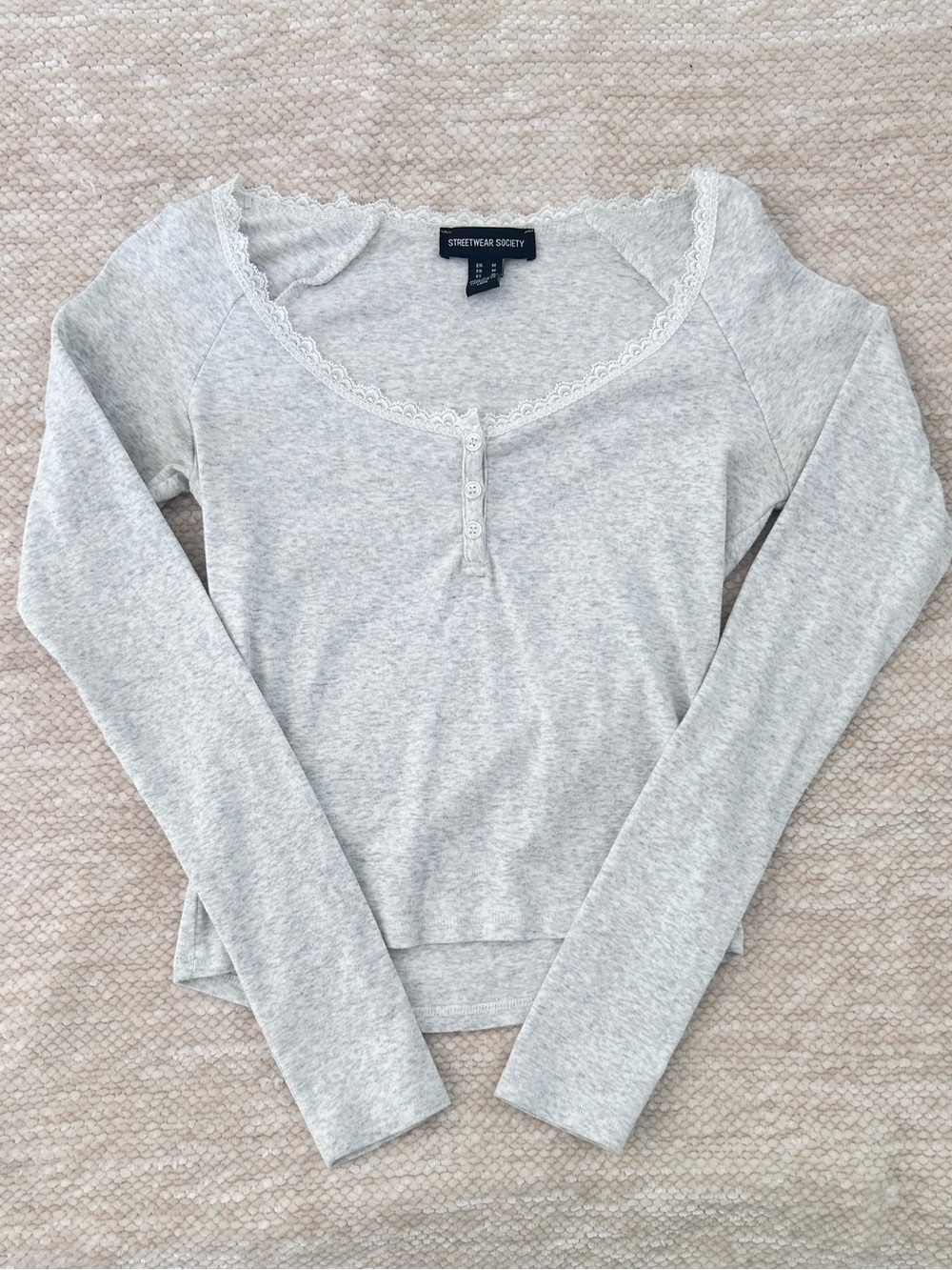 Streetwear Society Light Gray Lace-Trim Long Sleeve Top